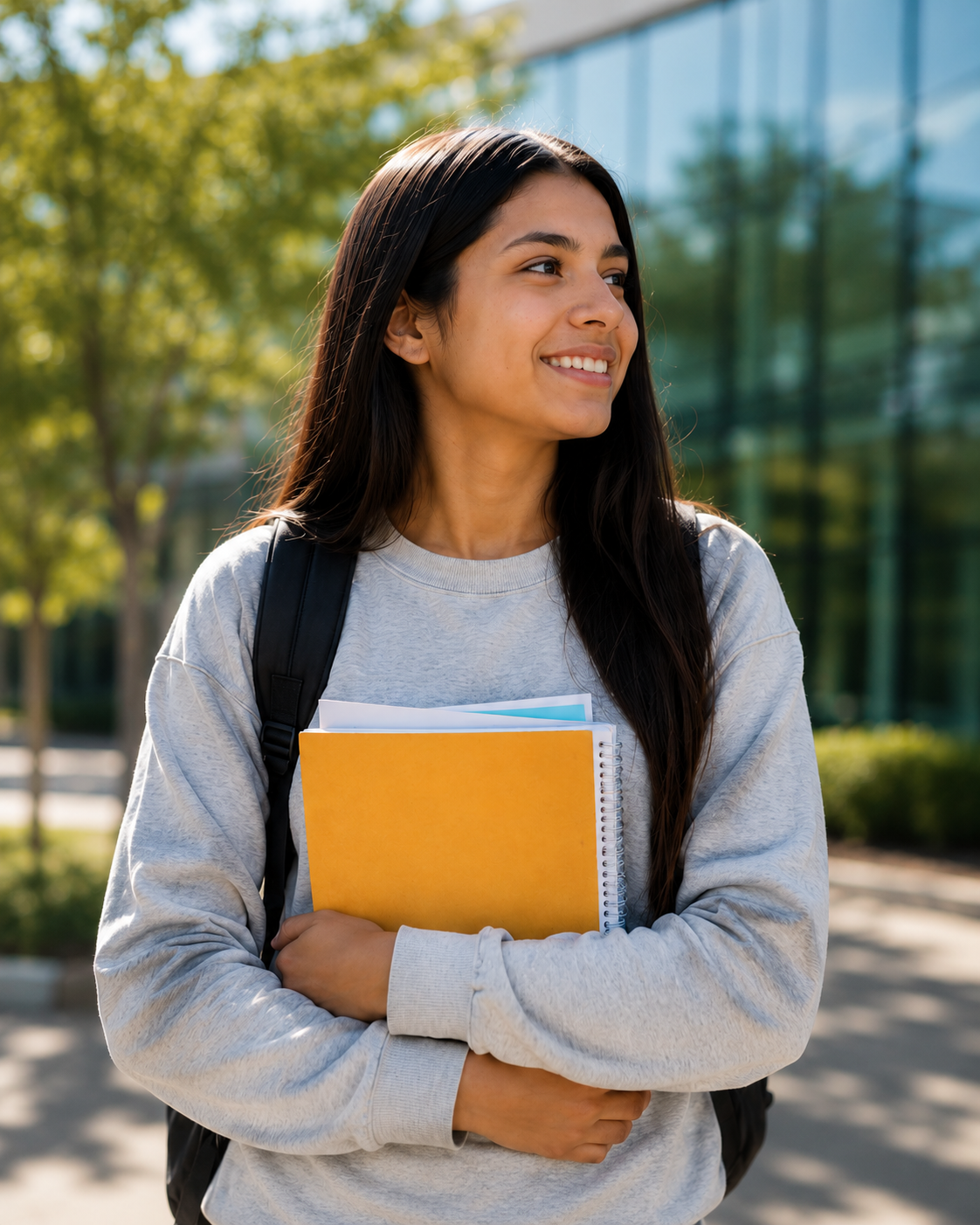 Estudiante universitaria frente a un edificio educativo